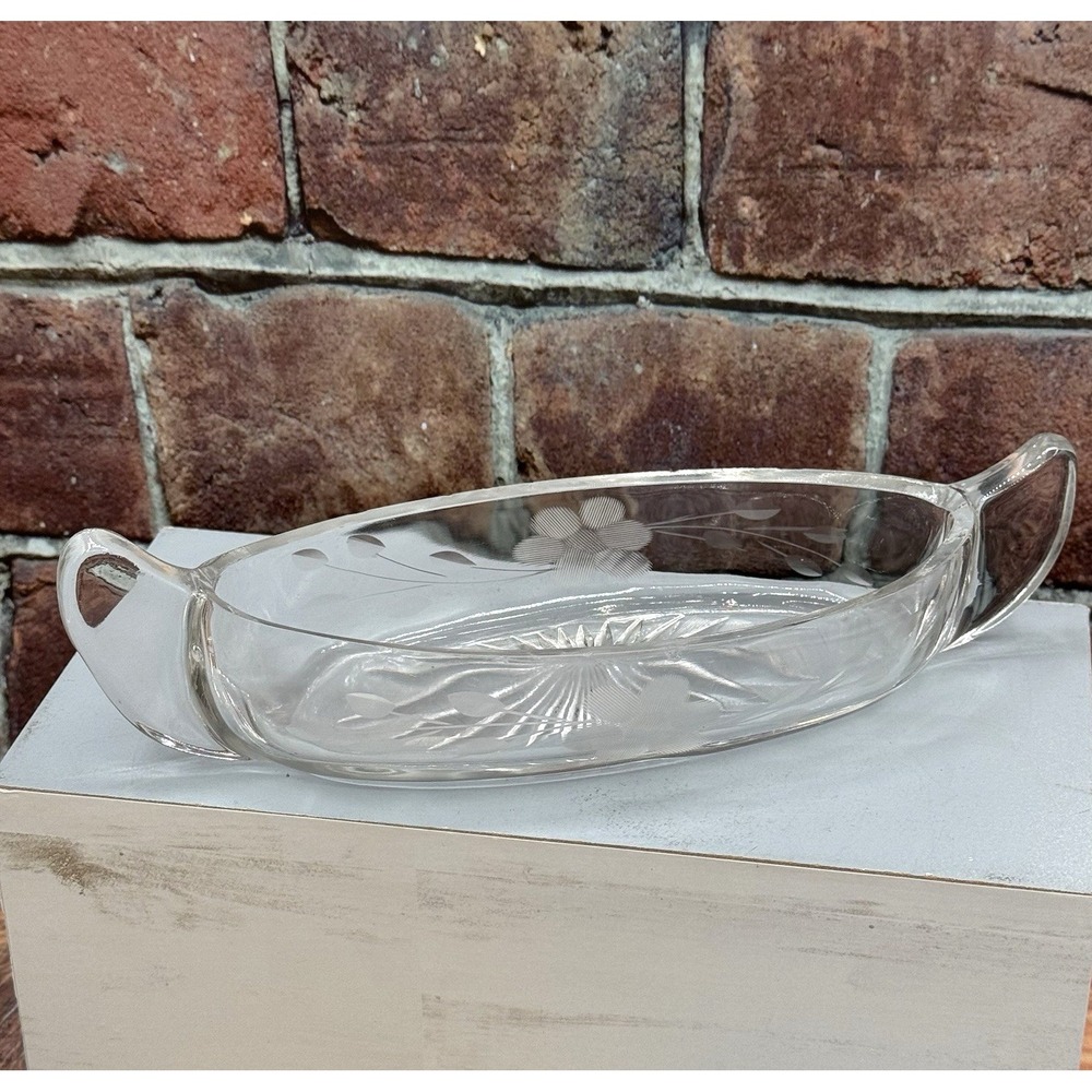 Vtg Manganese‎ Cut Glass Canoe Floral Handled Pickle Nappy Dish Relish Bowl MCM - Picture 7 of 11